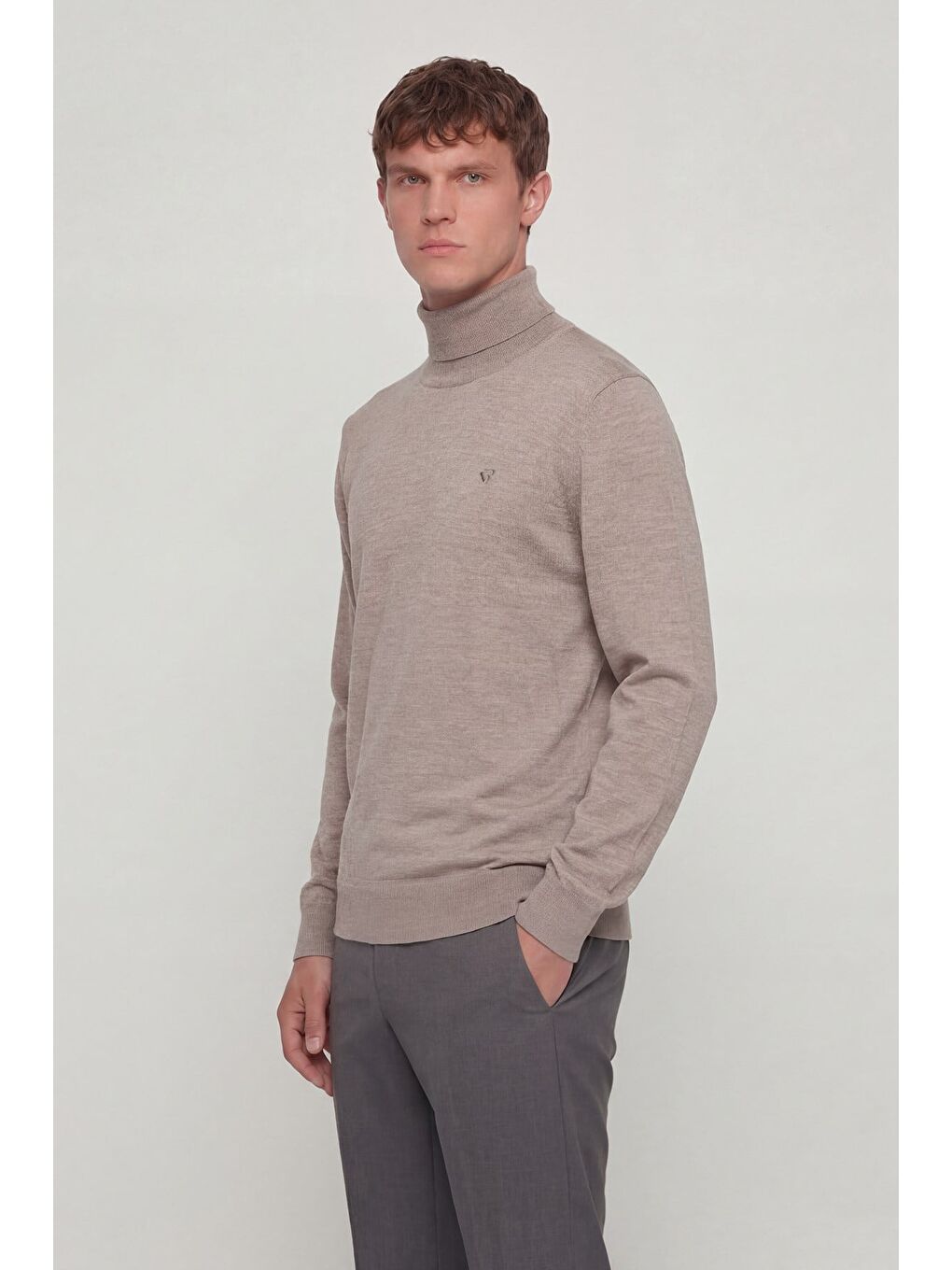 Bej Giotelli Erkek Vizon Dar Kesim Slim Fit Yünlü Düz Balıkçı Yaka Triko Kazak-2