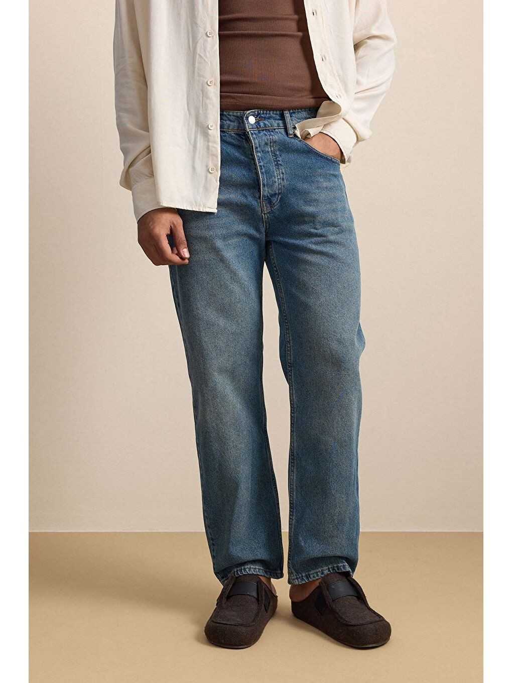 Erkek Baggy Fit Hafif Kontrast Yıkamalı Jean Pantolon Mavi-2