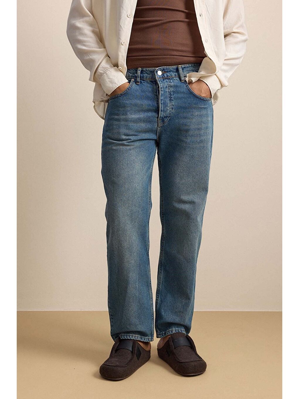 Erkek Baggy Fit Hafif Kontrast Yıkamalı Jean Pantolon Mavi-4