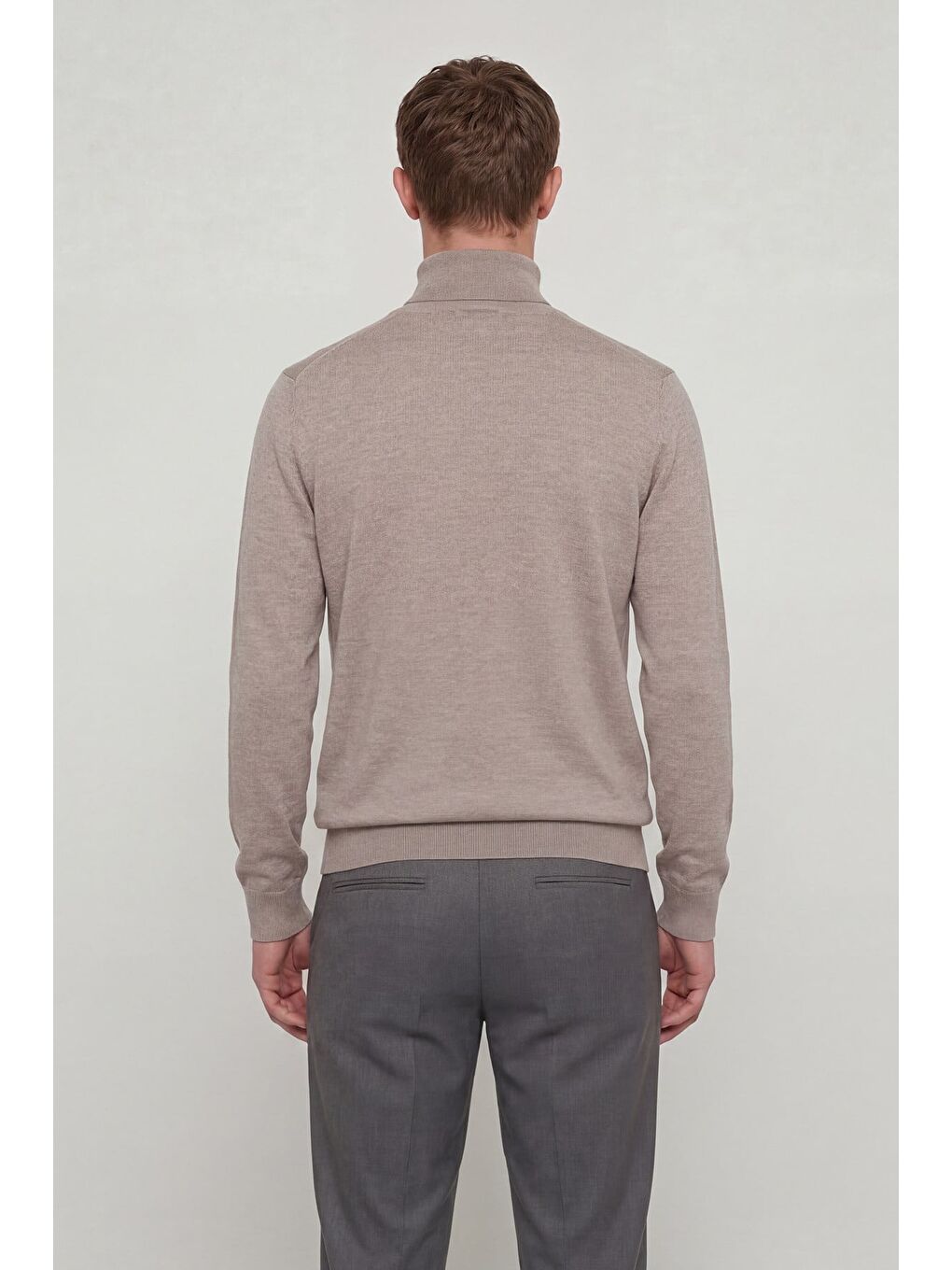 Bej Giotelli Erkek Vizon Dar Kesim Slim Fit Yünlü Düz Balıkçı Yaka Triko Kazak-3
