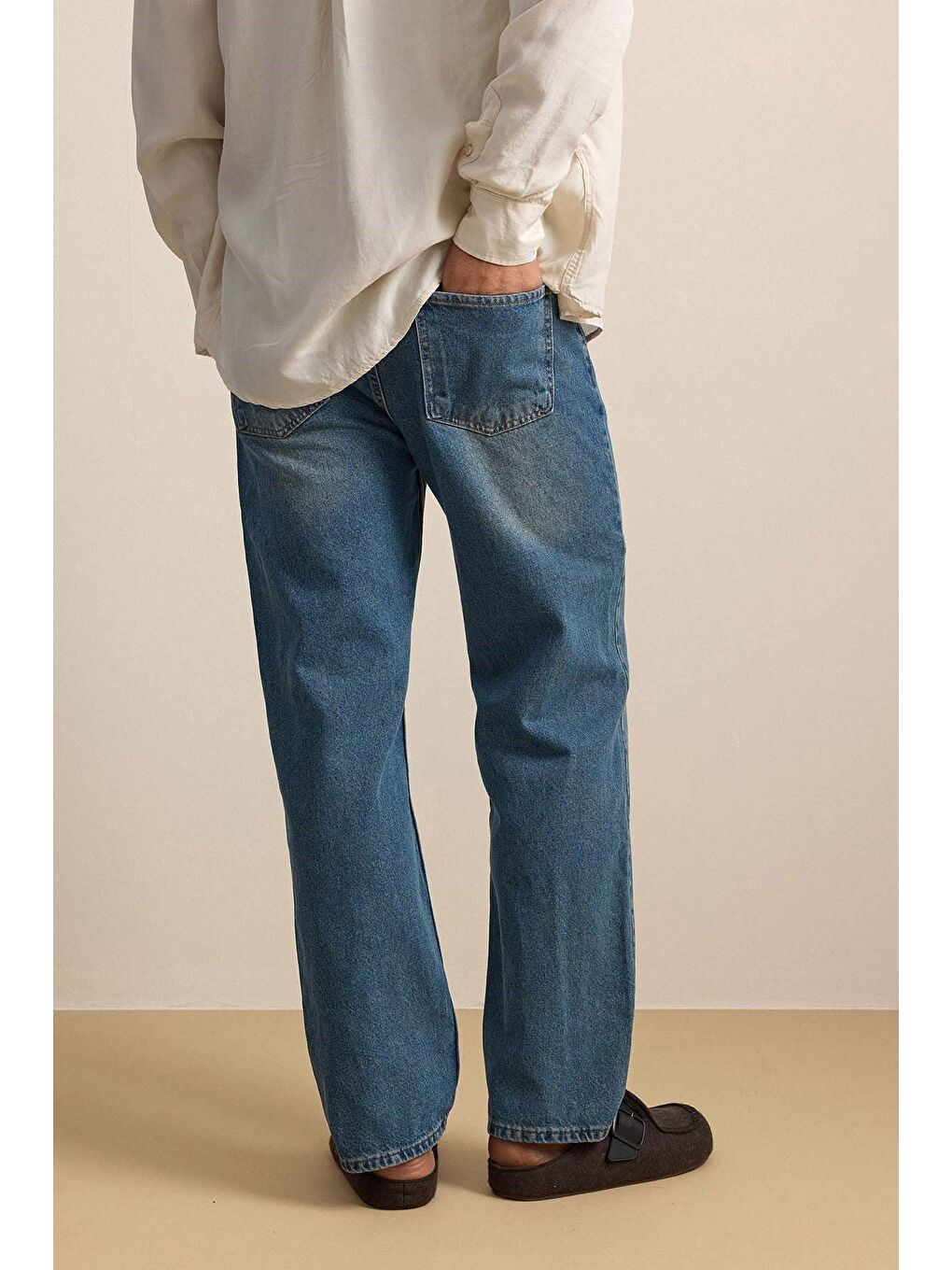 Erkek Baggy Fit Hafif Kontrast Yıkamalı Jean Pantolon Mavi-6