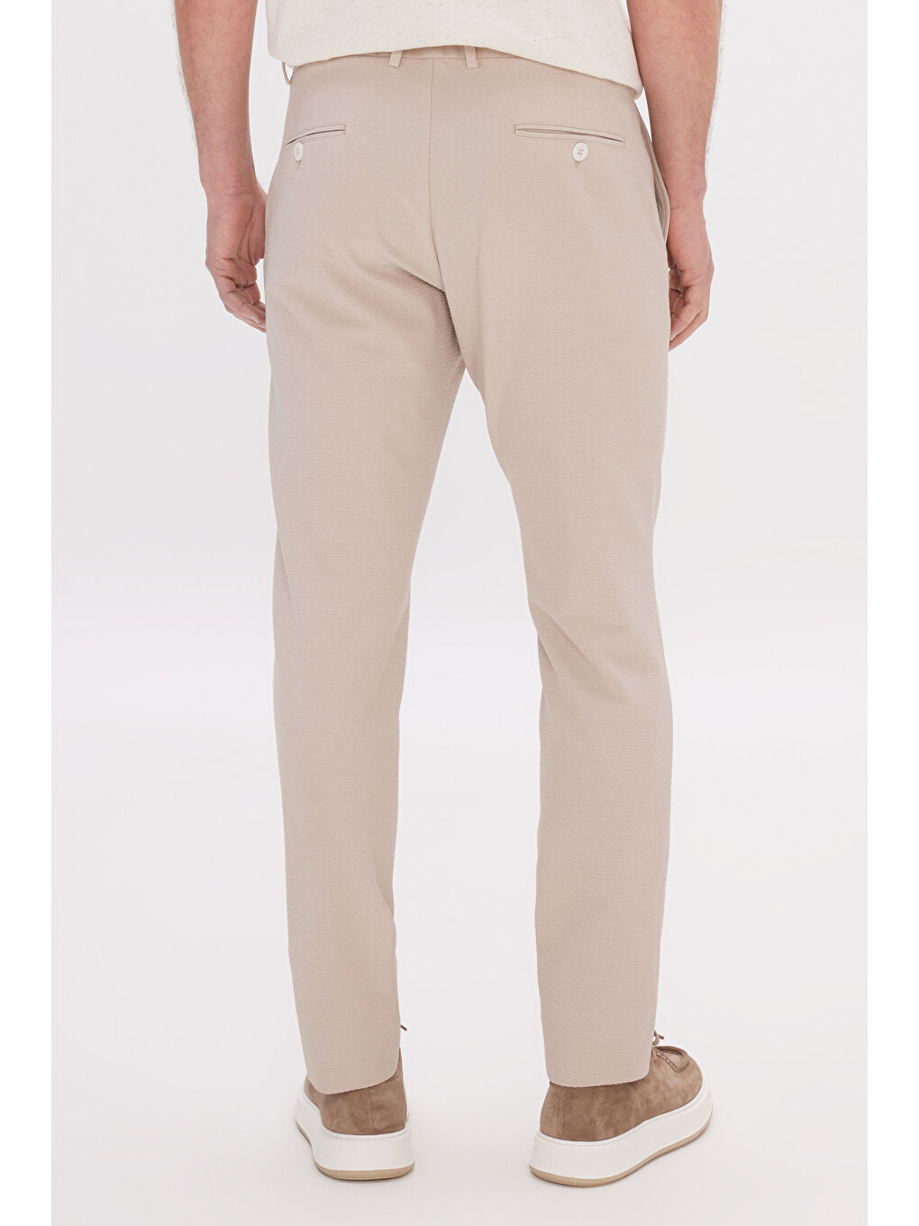 Erkek Bej Slim Fit Dar Kesim Beli Bağlamalı Yan Cep Gofre Desenli Pantolon-5