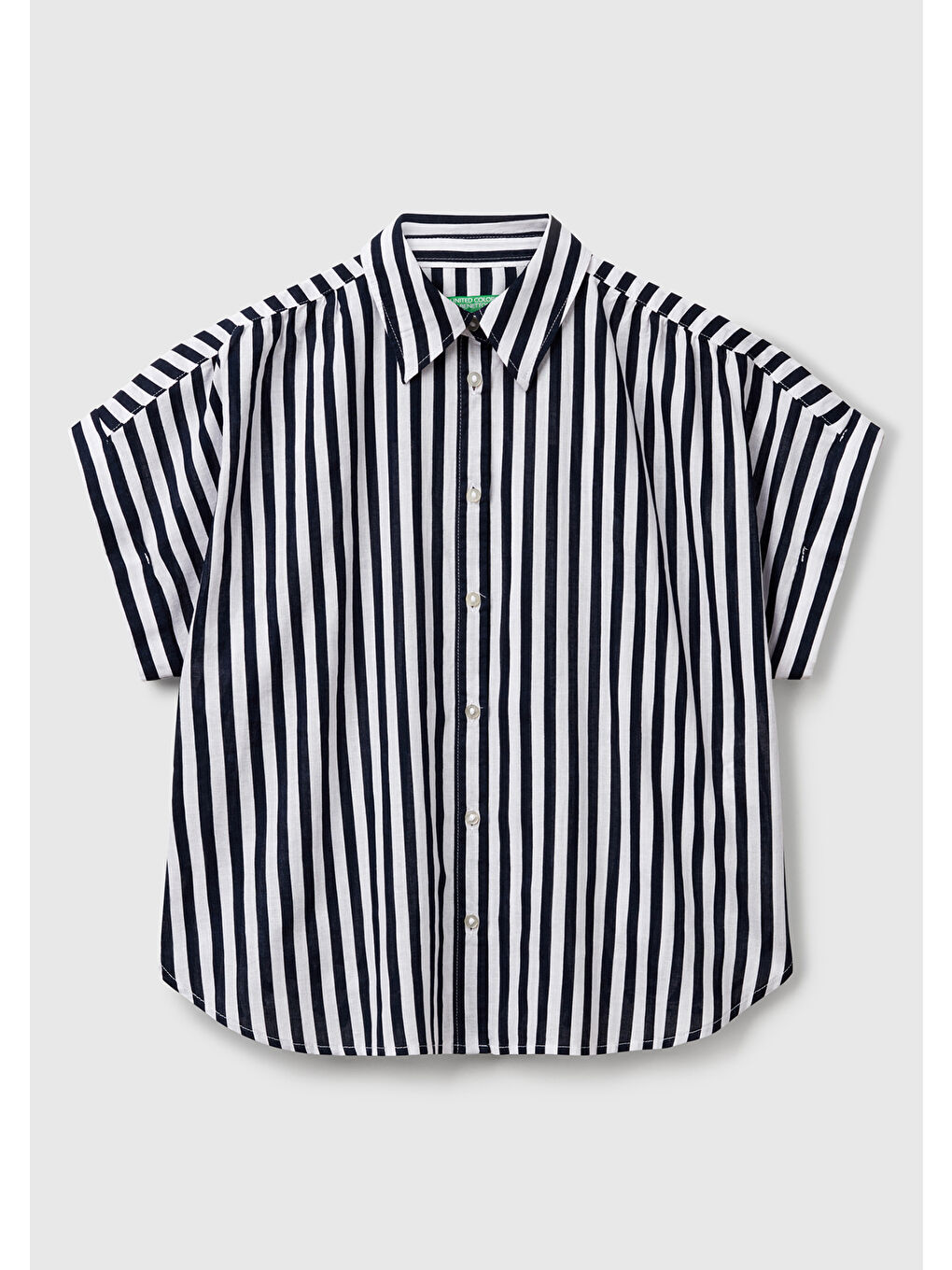 Kadın Lacivert Keten Karışımlı Çizgili Kimono Kol Gömlek-1