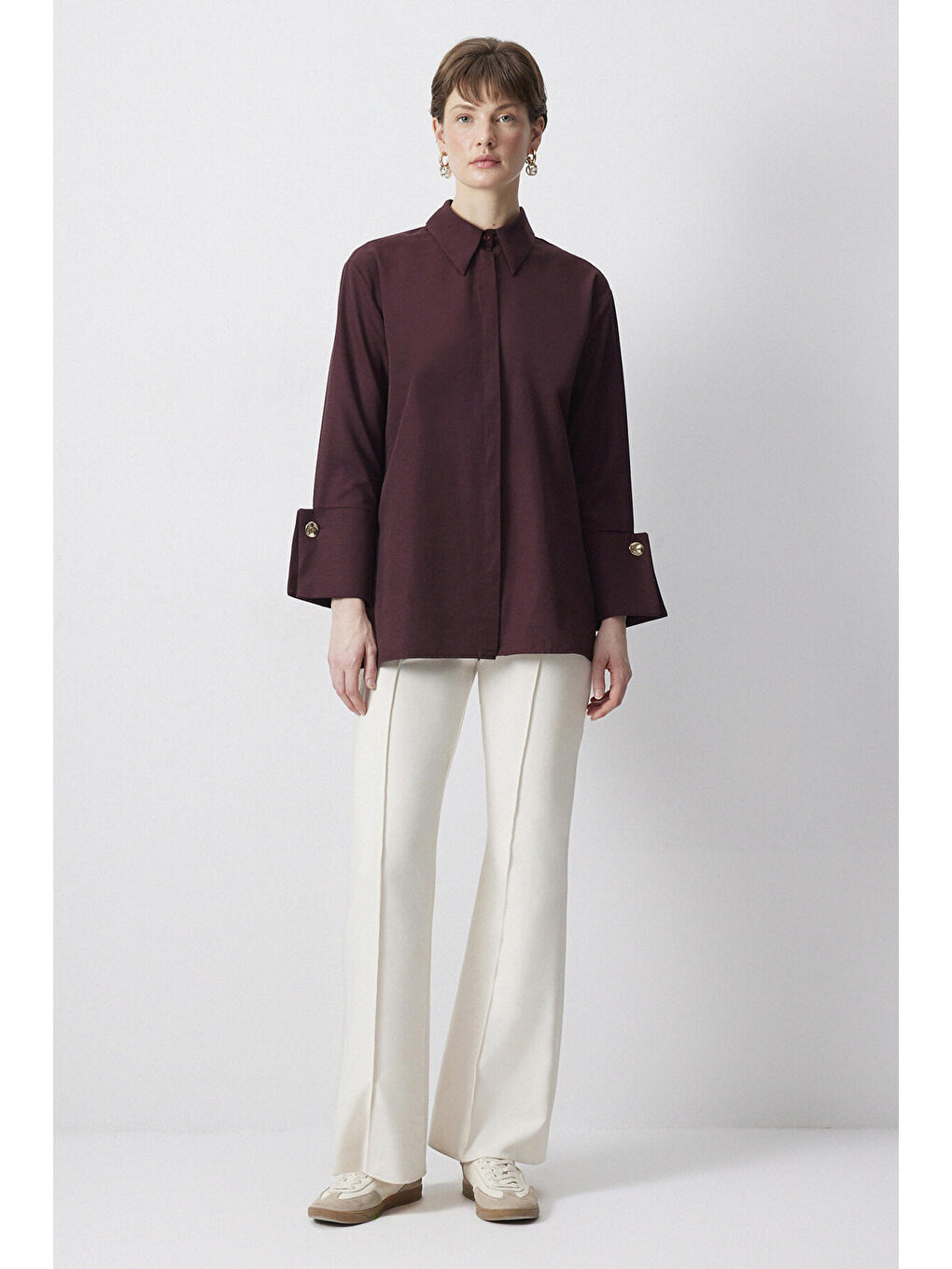 Bordo Geniş Manşetli Poplin Gömlek