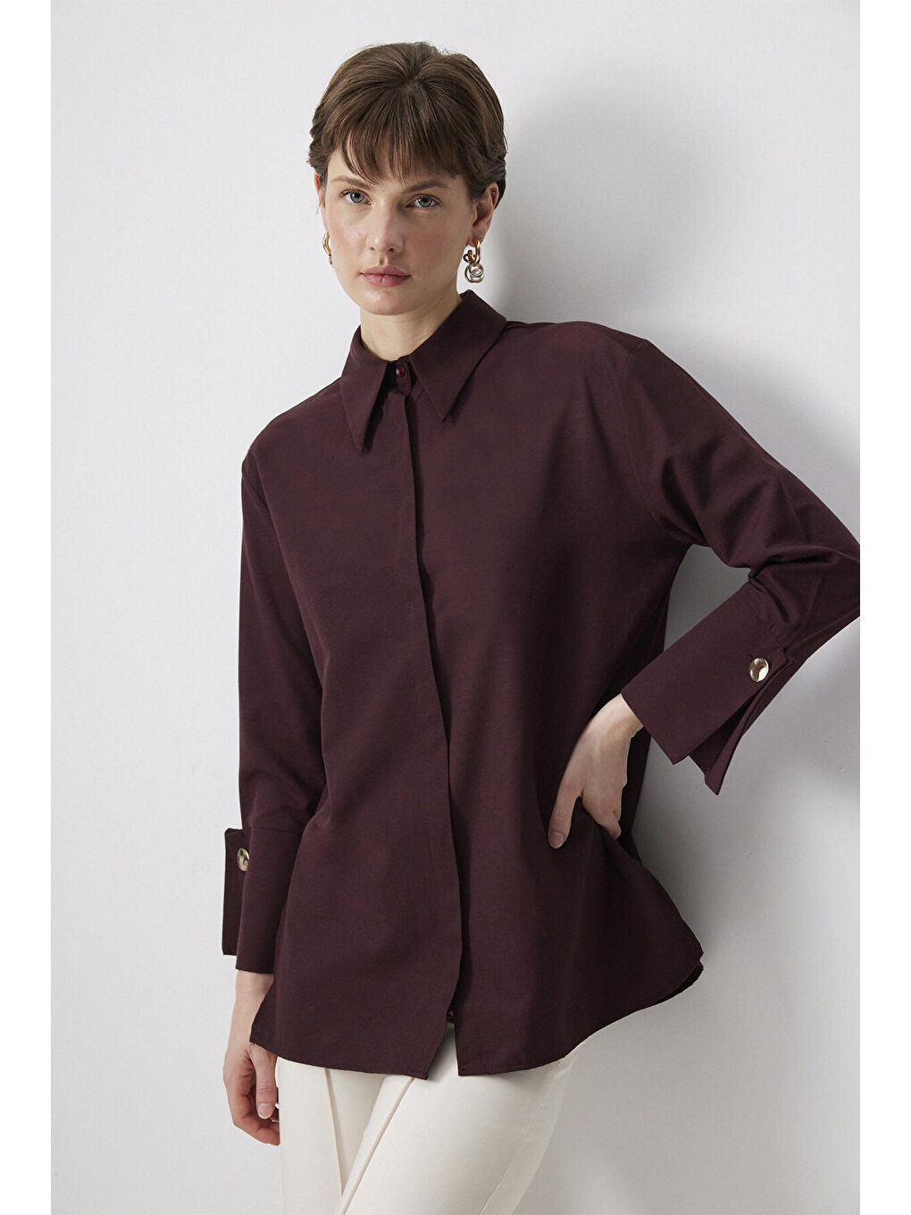 Bordo Geniş Manşetli Poplin Gömlek-1