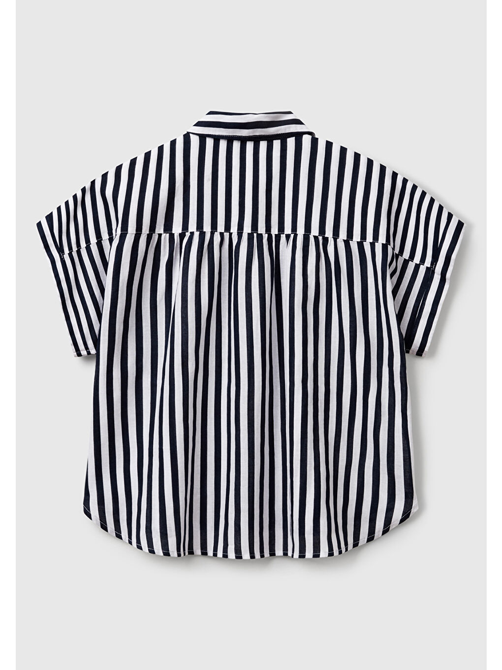 Kadın Lacivert Keten Karışımlı Çizgili Kimono Kol Gömlek-3