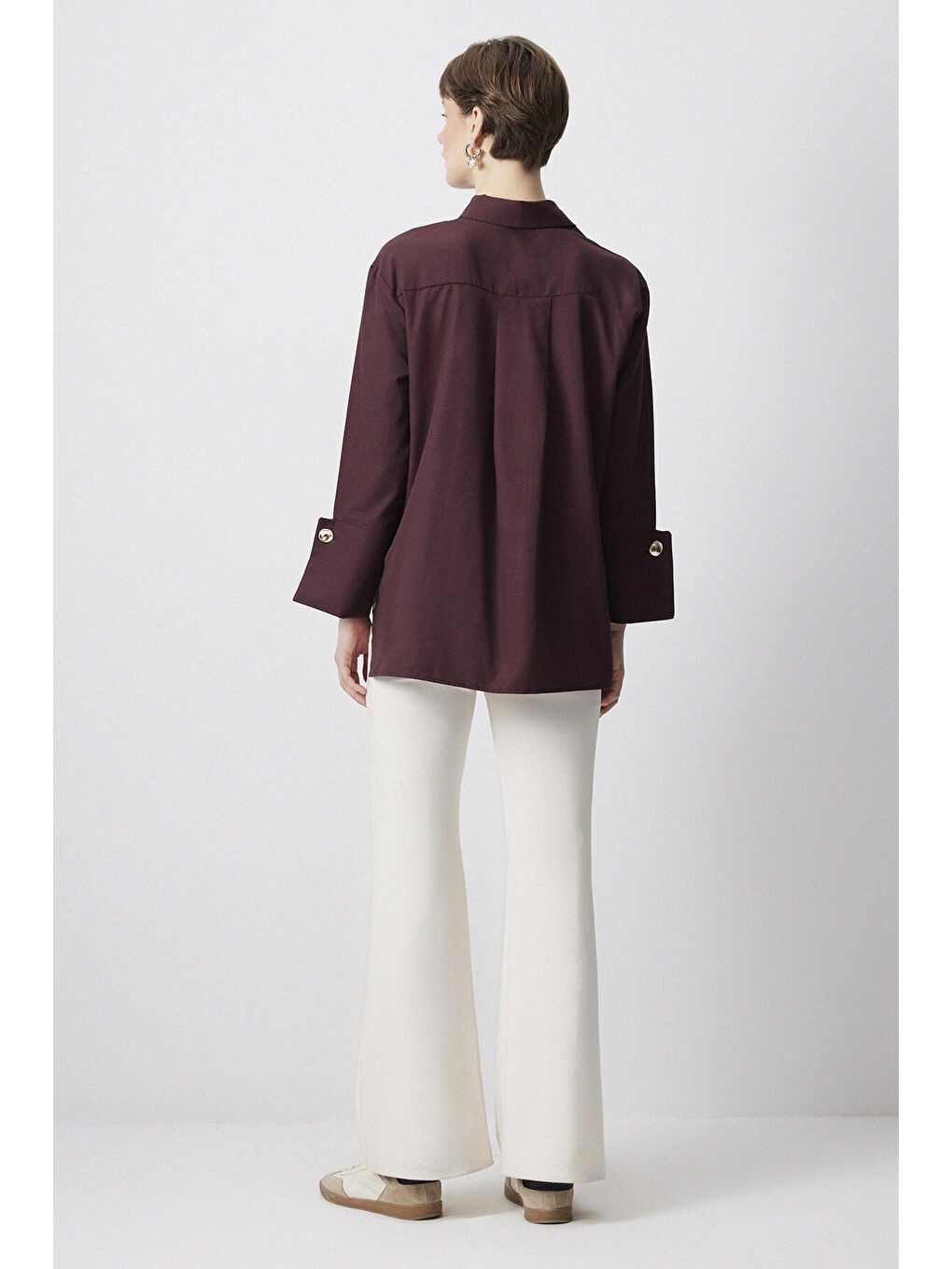 Bordo Geniş Manşetli Poplin Gömlek-3