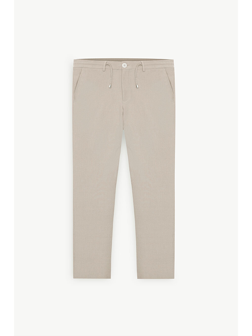 Erkek Bej Slim Fit Dar Kesim Beli Bağlamalı Yan Cep Gofre Desenli Pantolon-7