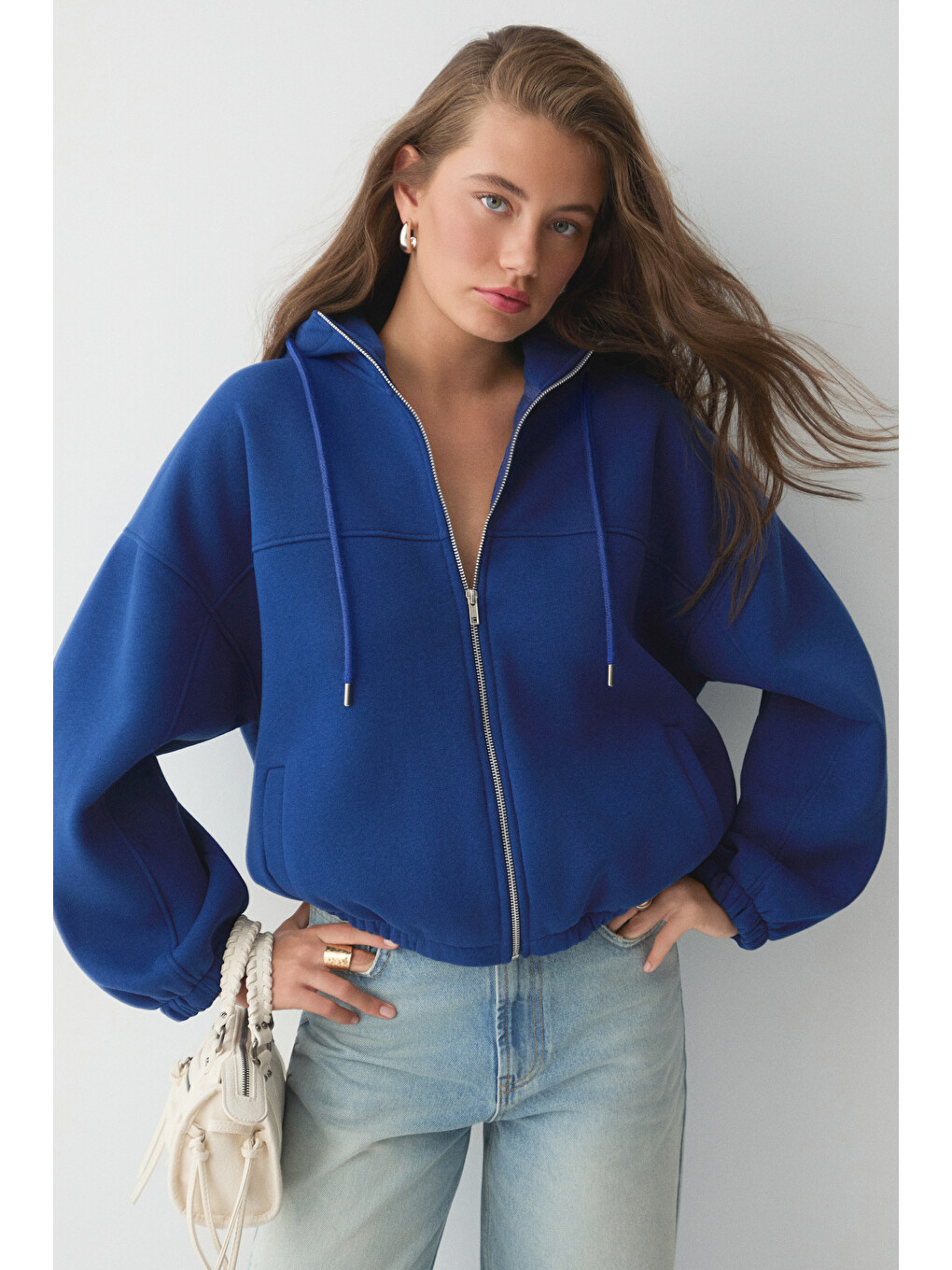 Mavi Valıt Kadın Çift Cepli Eteği Ve Kol Ucu Lastikli Fermuarlı Oversize Saks Sweatshirt