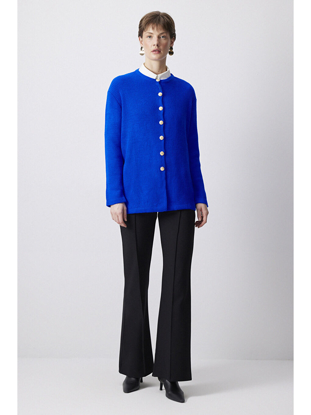 Mavi Gold Düğmeli Uzun Hırka-1