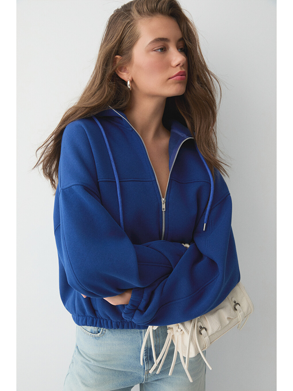 Mavi Valıt Kadın Çift Cepli Eteği Ve Kol Ucu Lastikli Fermuarlı Oversize Saks Sweatshirt-1
