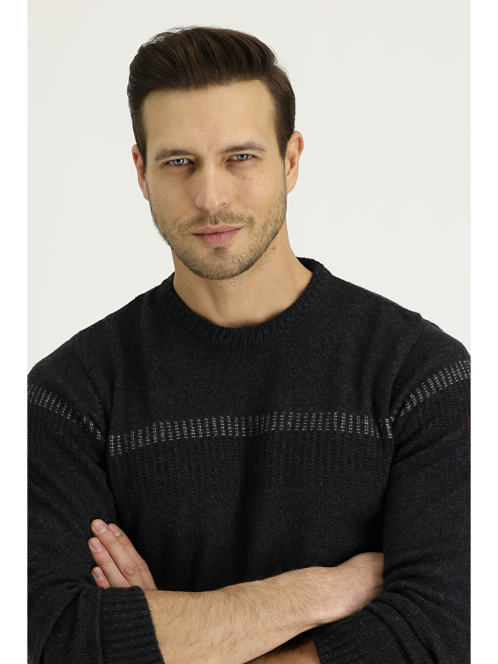 Antrasit Bisiklet Yaka Regular Fit Yünlü Desenli Triko Kazak-2