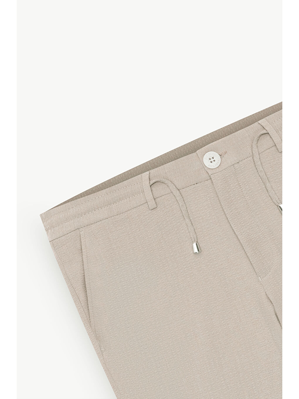 Erkek Bej Slim Fit Dar Kesim Beli Bağlamalı Yan Cep Gofre Desenli Pantolon-9