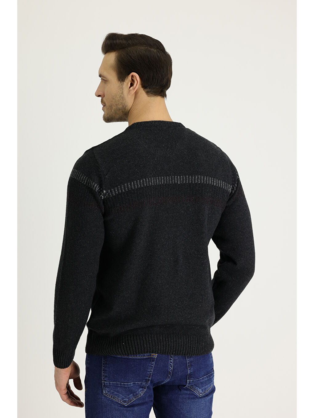 Antrasit Bisiklet Yaka Regular Fit Yünlü Desenli Triko Kazak-4