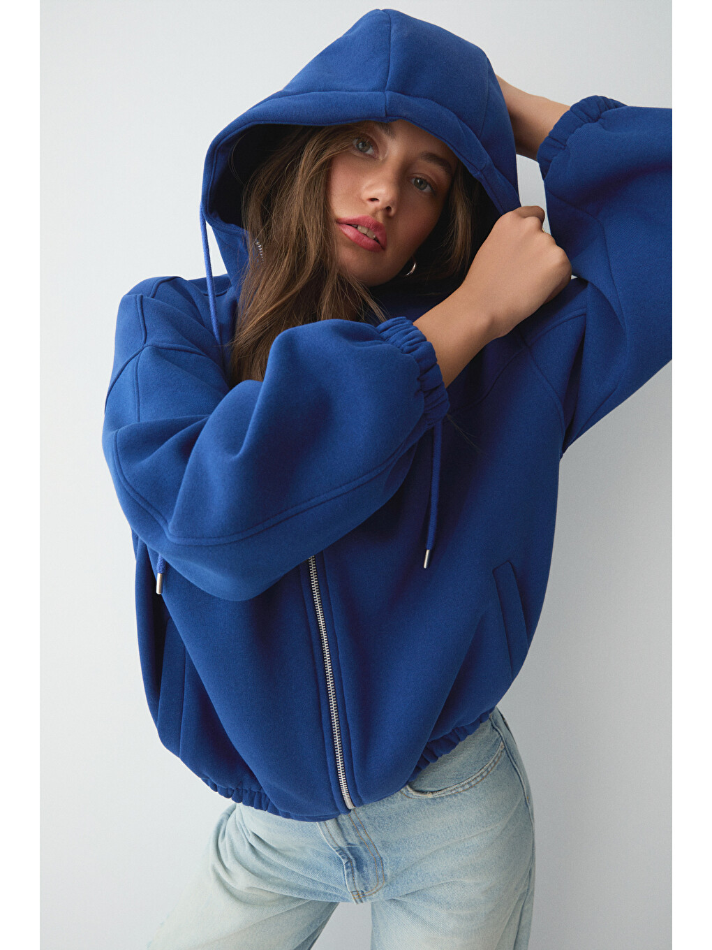Mavi Valıt Kadın Çift Cepli Eteği Ve Kol Ucu Lastikli Fermuarlı Oversize Saks Sweatshirt-2