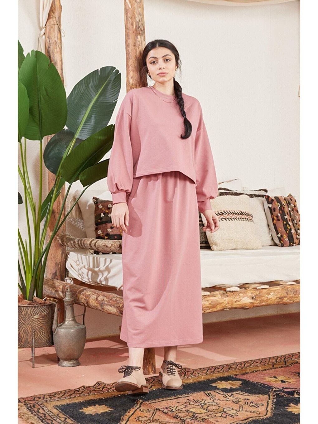 Ceylan Otantik Pembe Gül Kurusu 2 İplik Crop Sweatshirt