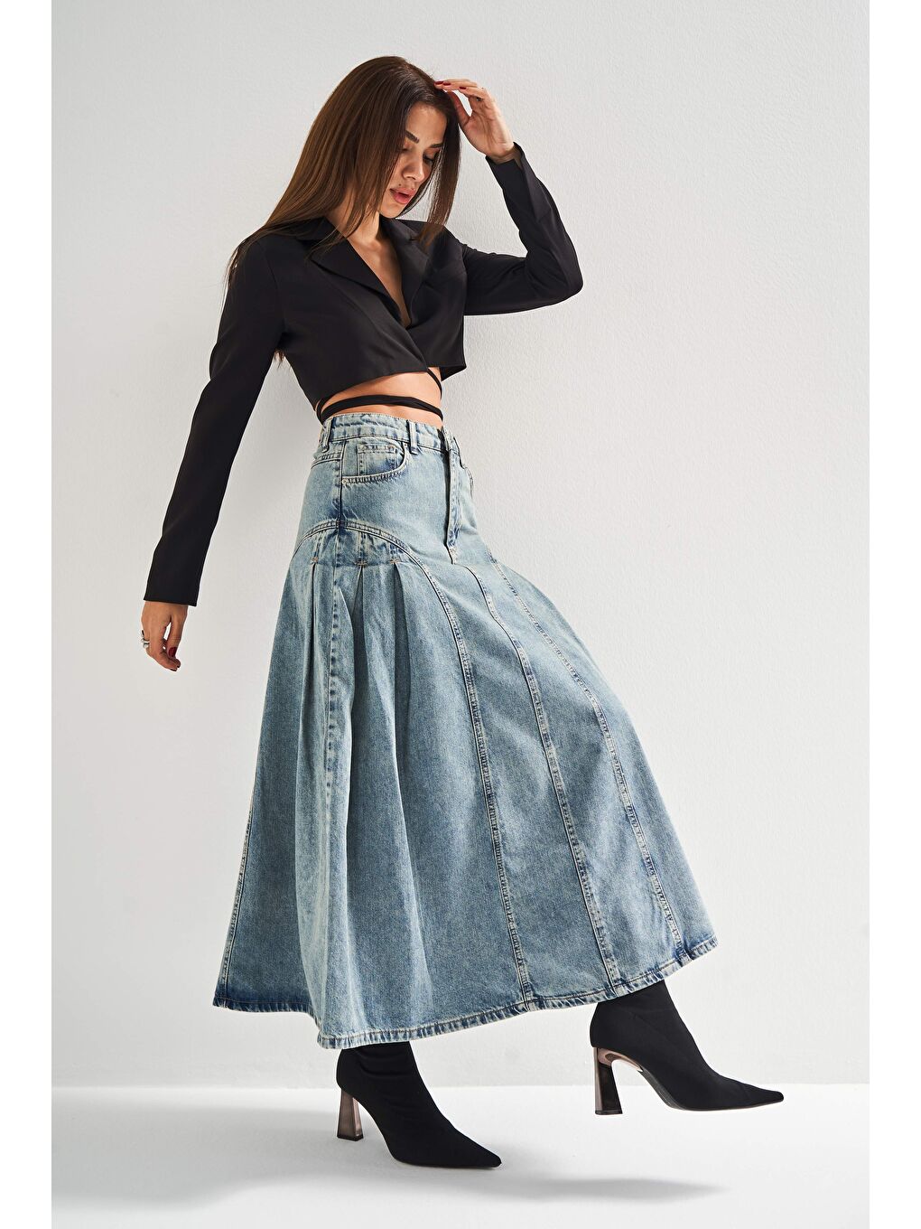 Mavi Kadın T Jean Rengi 3S5 65 Pilili Viskon Karışımlı Tasarım Denim Etek