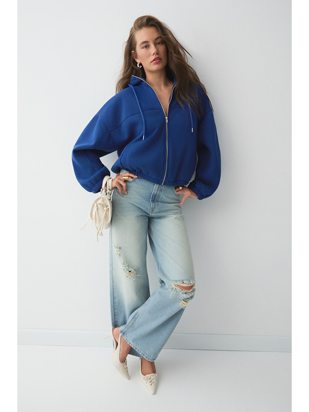 Mavi Valıt Kadın Çift Cepli Eteği Ve Kol Ucu Lastikli Fermuarlı Oversize Saks Sweatshirt-3