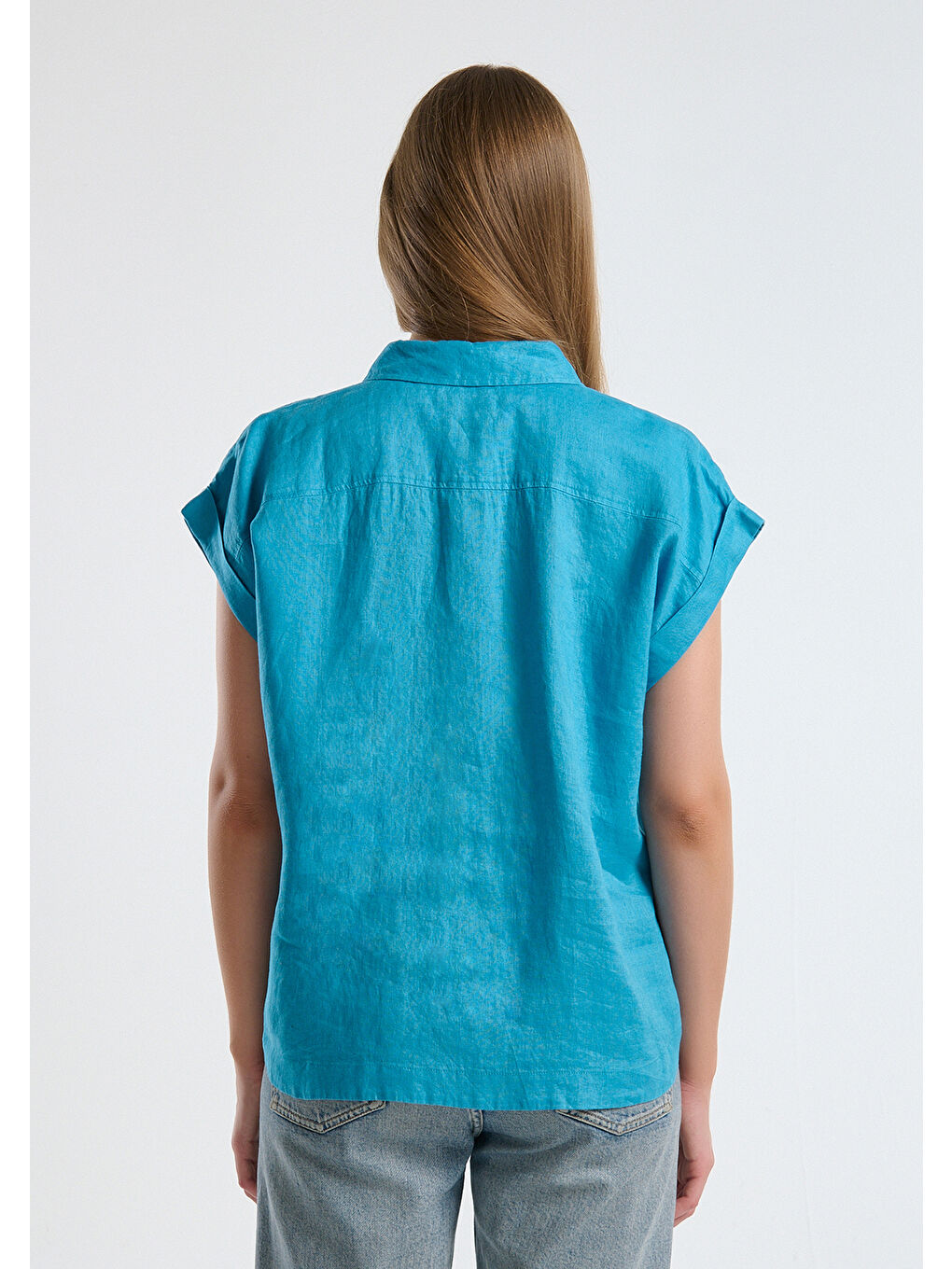 Kadın Mavi %100 Keten Omuz Detaylı Kısa Kollu Gömlek-2