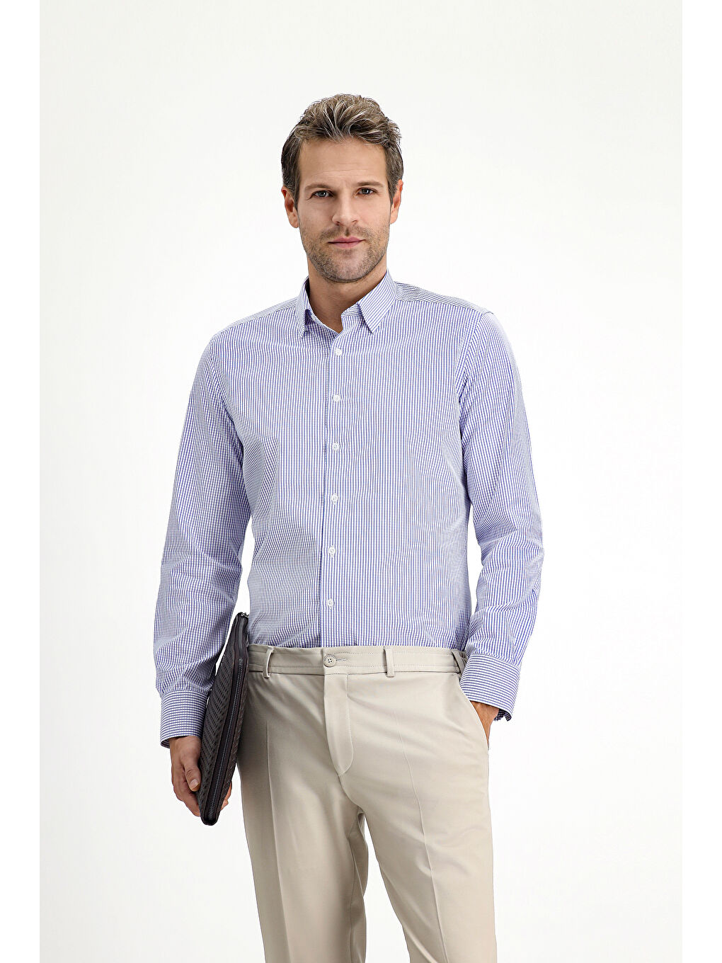 Lacivert Uzun Kol Slim Fit Dar Kesim Klasik Ekose Pamuk %100 Pamuk Gömlek