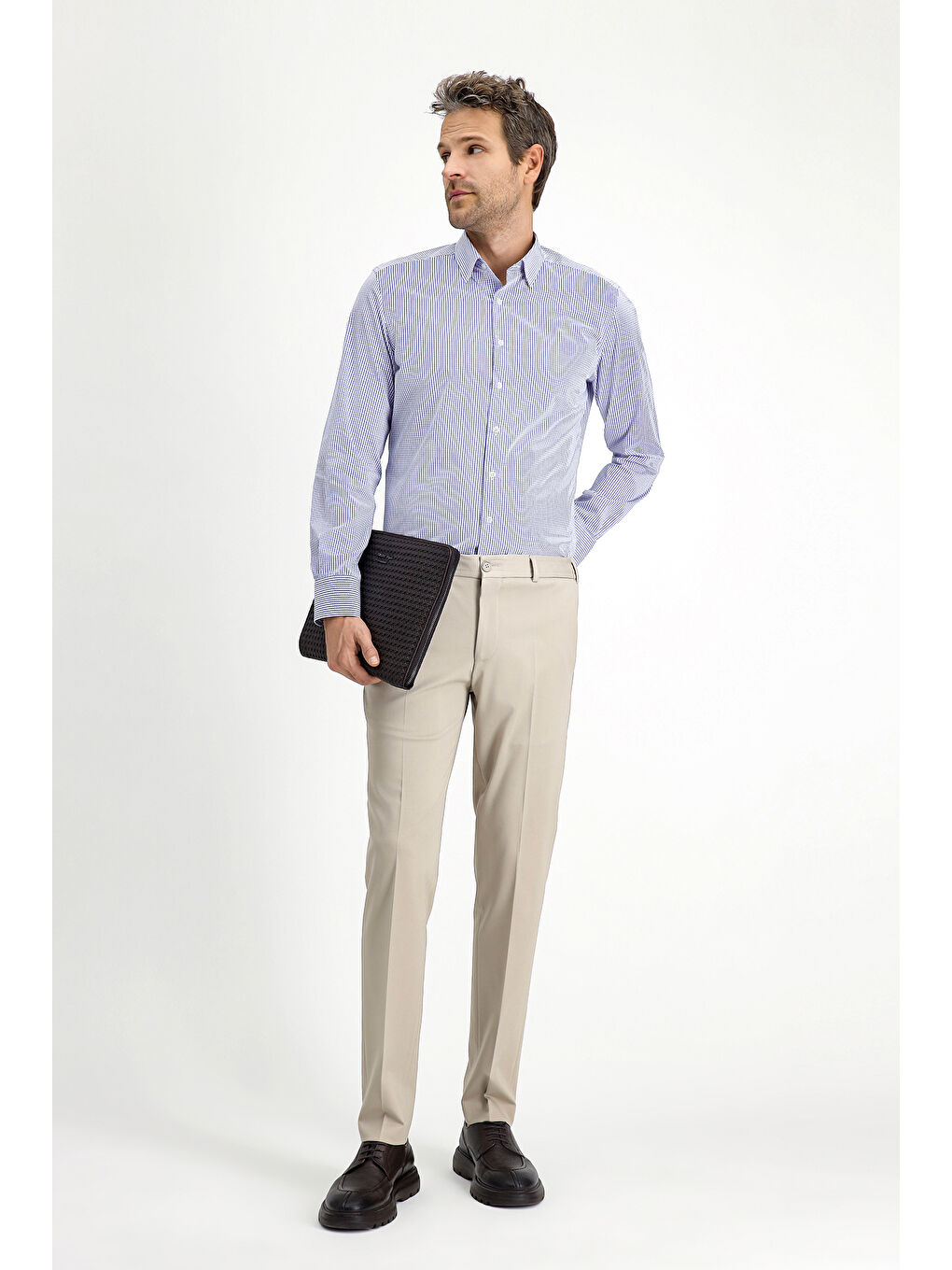 Lacivert Uzun Kol Slim Fit Dar Kesim Klasik Ekose Pamuk %100 Pamuk Gömlek-1