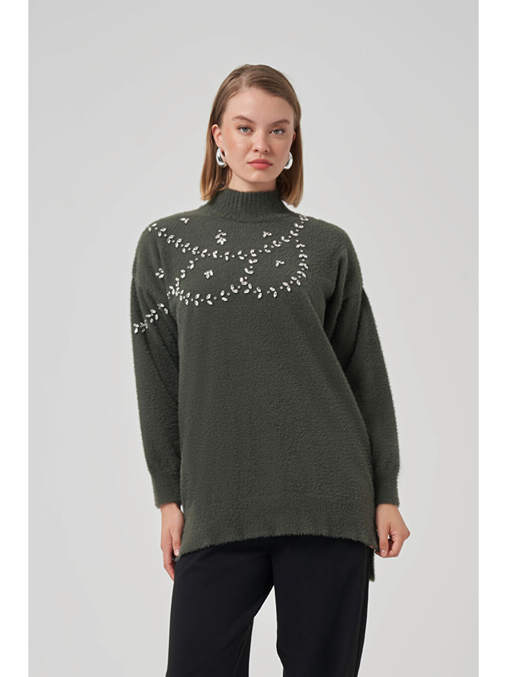 Taş Detay Angora Kazak Tunik 7002 Haki-1