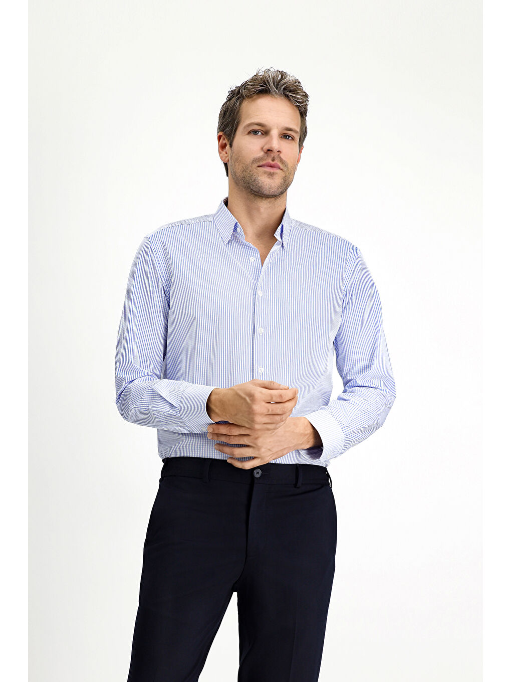 Mavi Uzun Kol Slim Fit Dar Kesim Klasik Ekose Pamuk %100 Pamuk Gömlek