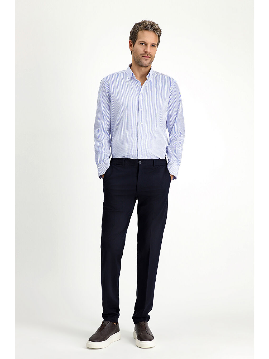 Mavi Uzun Kol Slim Fit Dar Kesim Klasik Ekose Pamuk %100 Pamuk Gömlek-1