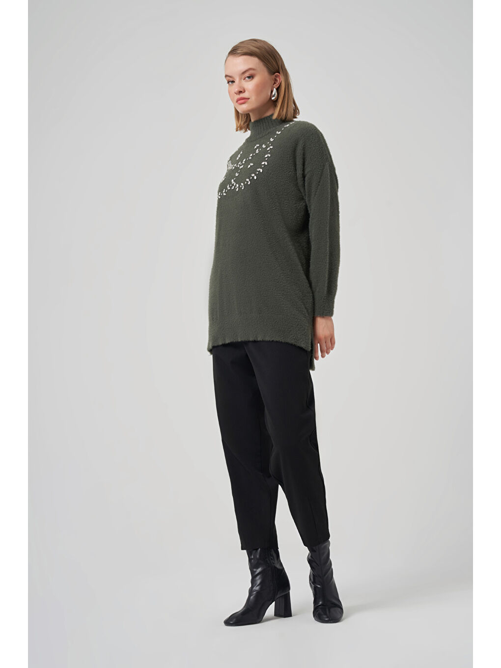 Taş Detay Angora Kazak Tunik 7002 Haki-3