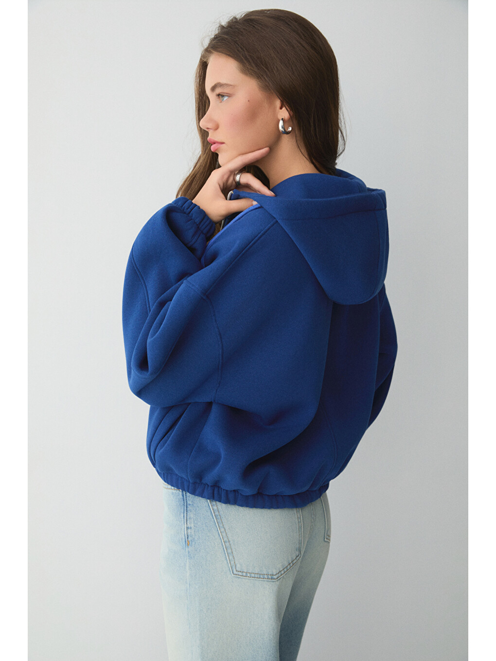 Mavi Valıt Kadın Çift Cepli Eteği Ve Kol Ucu Lastikli Fermuarlı Oversize Saks Sweatshirt-4