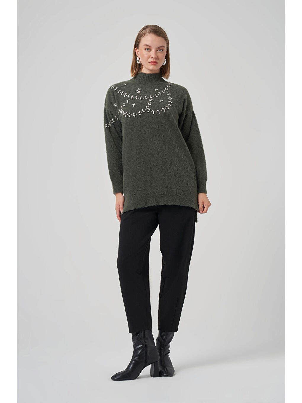 Taş Detay Angora Kazak Tunik 7002 Haki-4