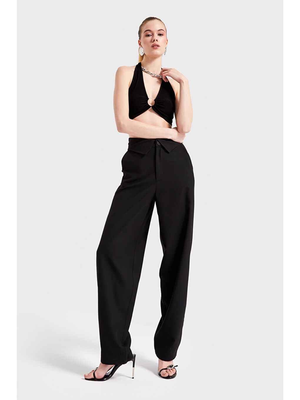 Kadın Siyah Renk S5-1 Dokuma Kumaş Skater Fit Belden Detaylı Kumaş Pantolon-2