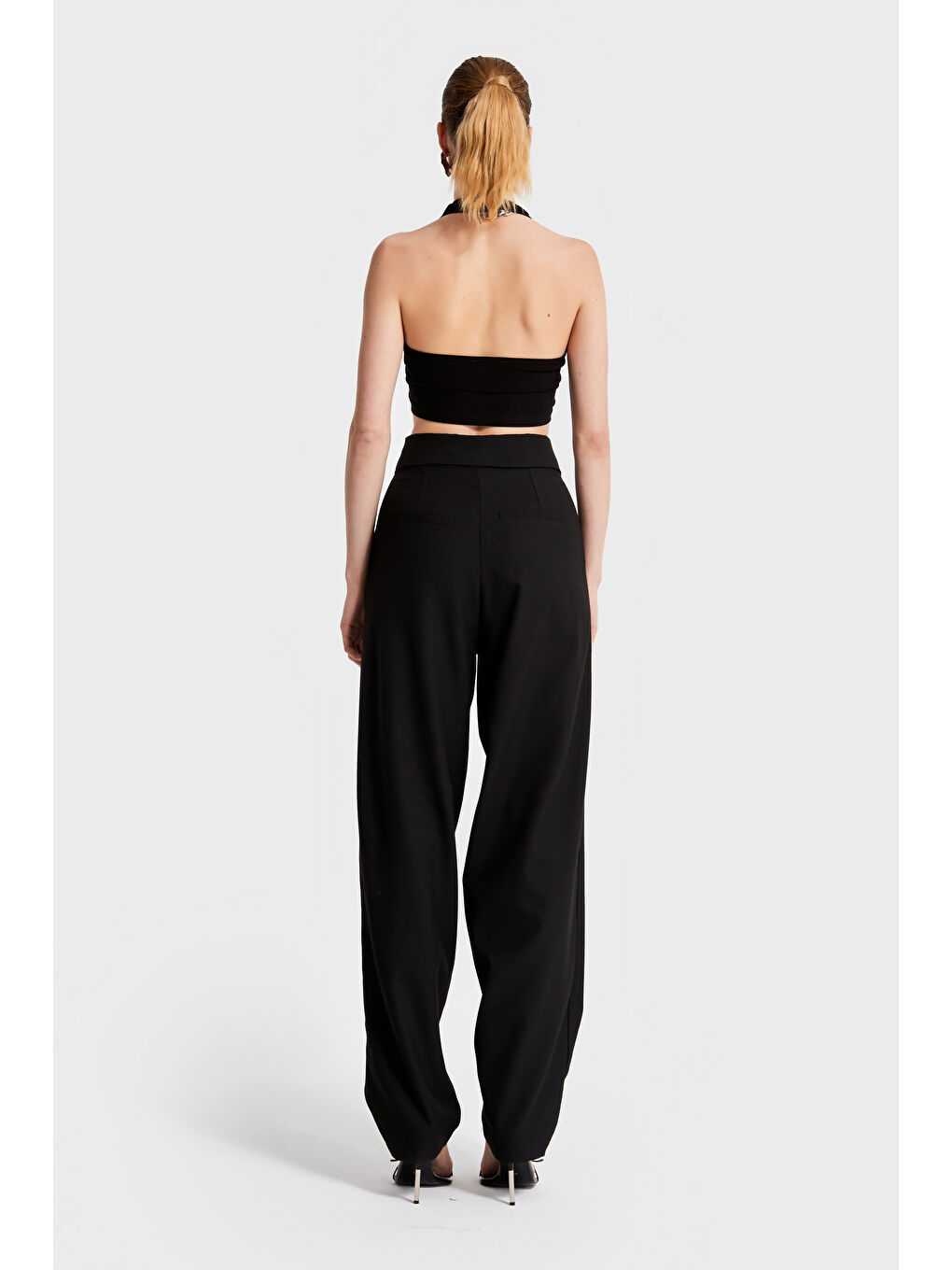 Kadın Siyah Renk S5-1 Dokuma Kumaş Skater Fit Belden Detaylı Kumaş Pantolon-5