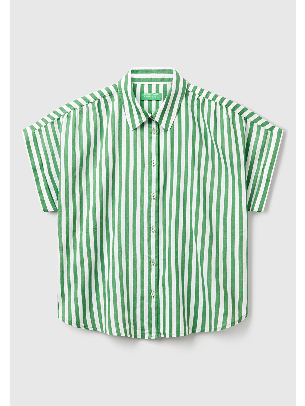 Kadın Yeşil Keten Karışımlı Çizgili Kimono Kol Gömlek-1