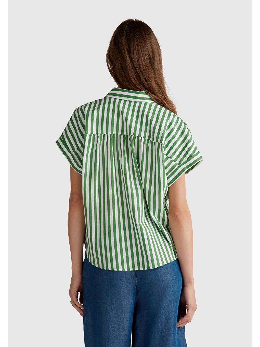 Kadın Yeşil Keten Karışımlı Çizgili Kimono Kol Gömlek-2