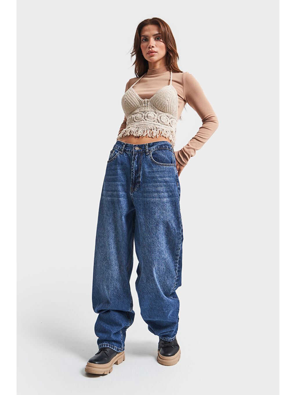 Kadın Mavi Jean Rengi 2W4 5 Super Baggy Fit  100 Pamuk Super Uzun Orta Bel Denim Jean-1