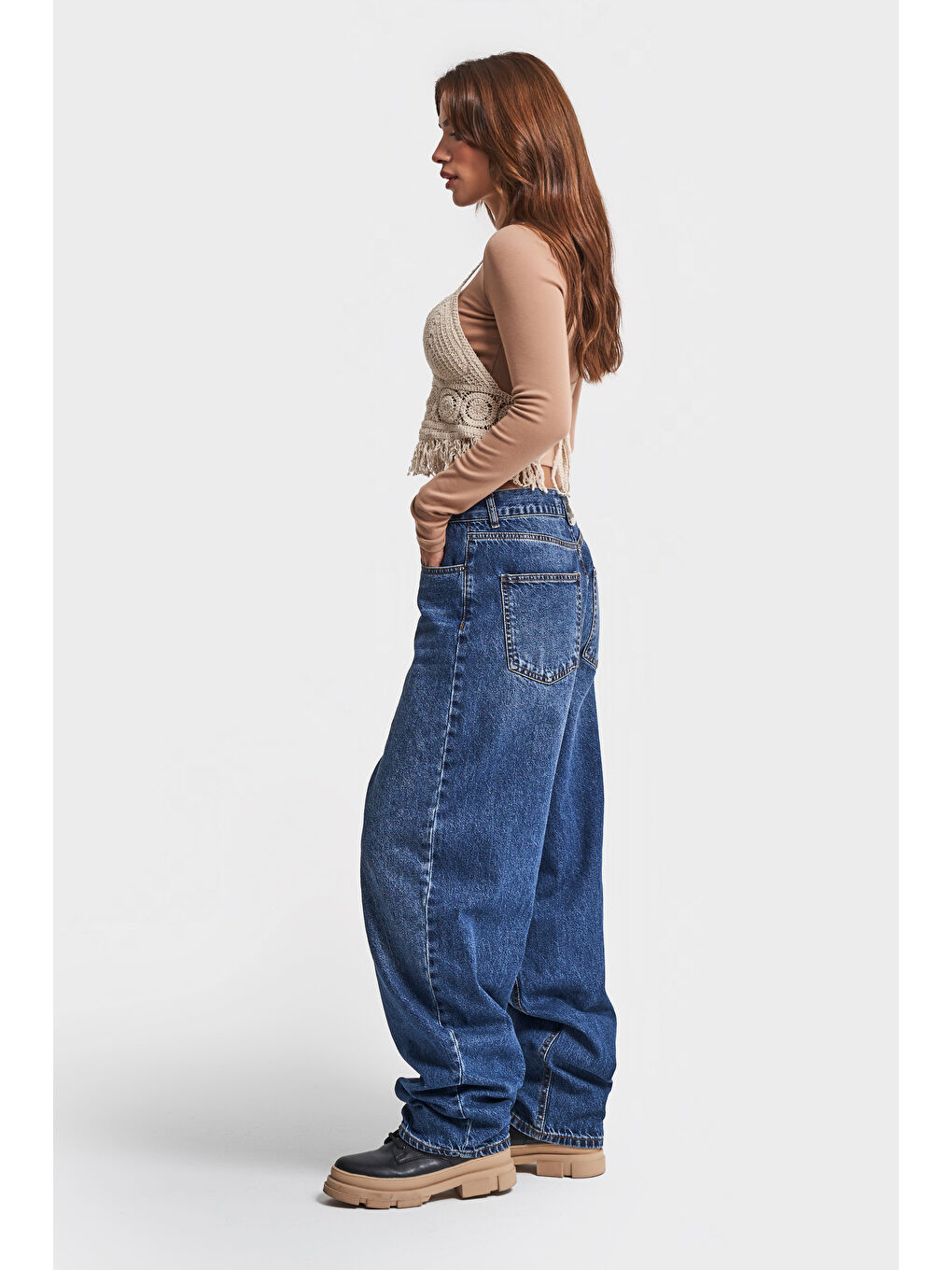 Kadın Mavi Jean Rengi 2W4 5 Super Baggy Fit  100 Pamuk Super Uzun Orta Bel Denim Jean-2