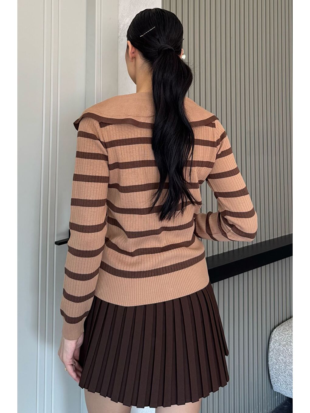 Bej Fiyonklu Sahte Düğmeli Triko Bluz (s,m,l Uyumludur)-3