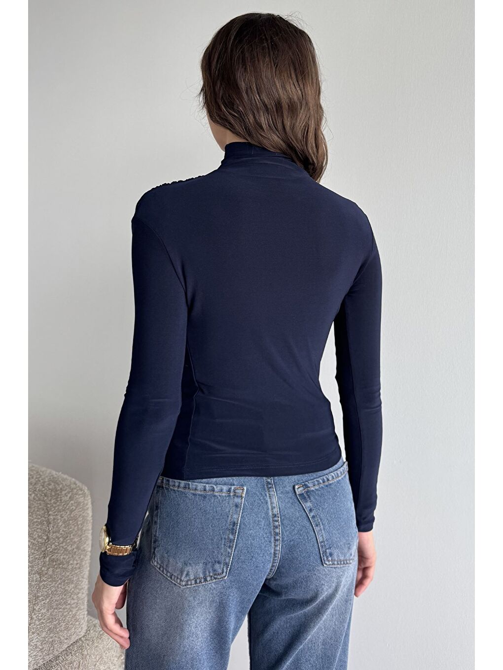 Lacivert Omuz Ve Bel Drapeli Uzun Kol Bluz-1