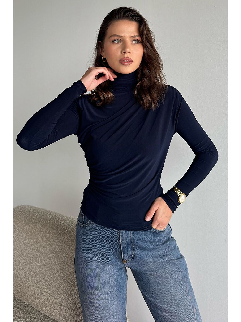 Lacivert Omuz Ve Bel Drapeli Uzun Kol Bluz-3