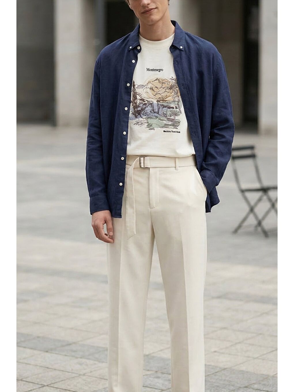 Erkek Baggy Fit Smart Casual Kemerli Pantolon Beyaz-2