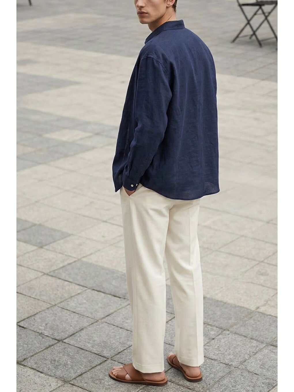 Erkek Baggy Fit Smart Casual Kemerli Pantolon Beyaz-3