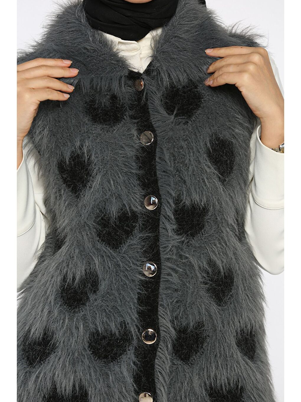 Gri Kadın Kalpli Sakallı Triko Yelek (s-m-l Uyumludur)-7