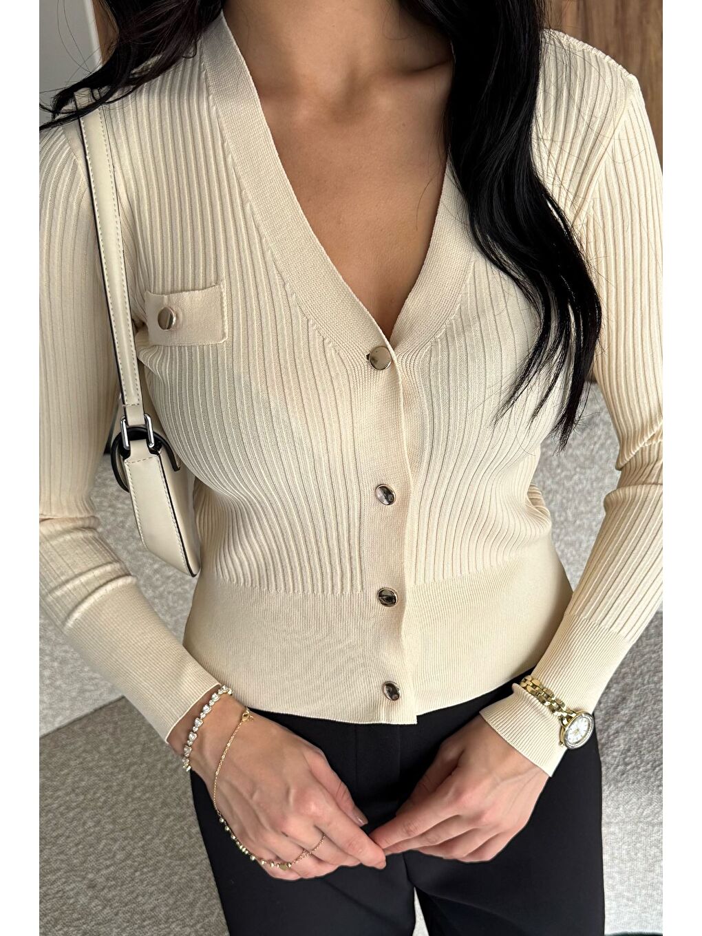 Ekru Kadın Kendinden Çizgi Desenli Gold Düğme Detaylı Triko Hırka (s-m-l Beden Uyumludur.)-2