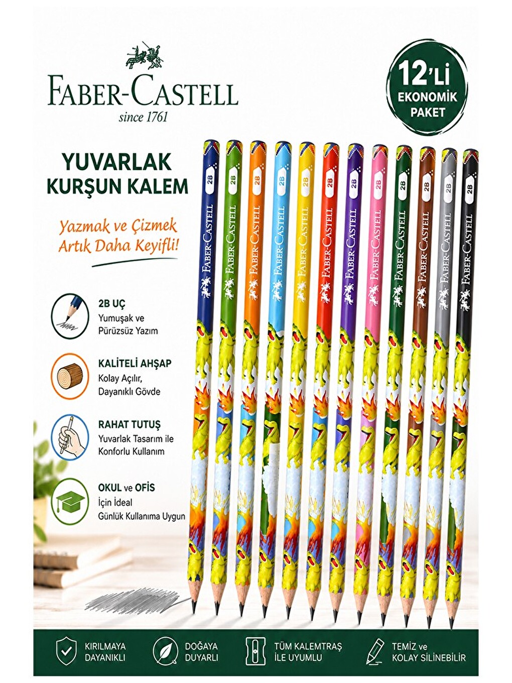 Dinozor Kurşun Kalem 12 Adet Faber Castell Yuvarlak Gövdeli Siyah Kurşun Kalem Yumuşak Yazım Kolay T