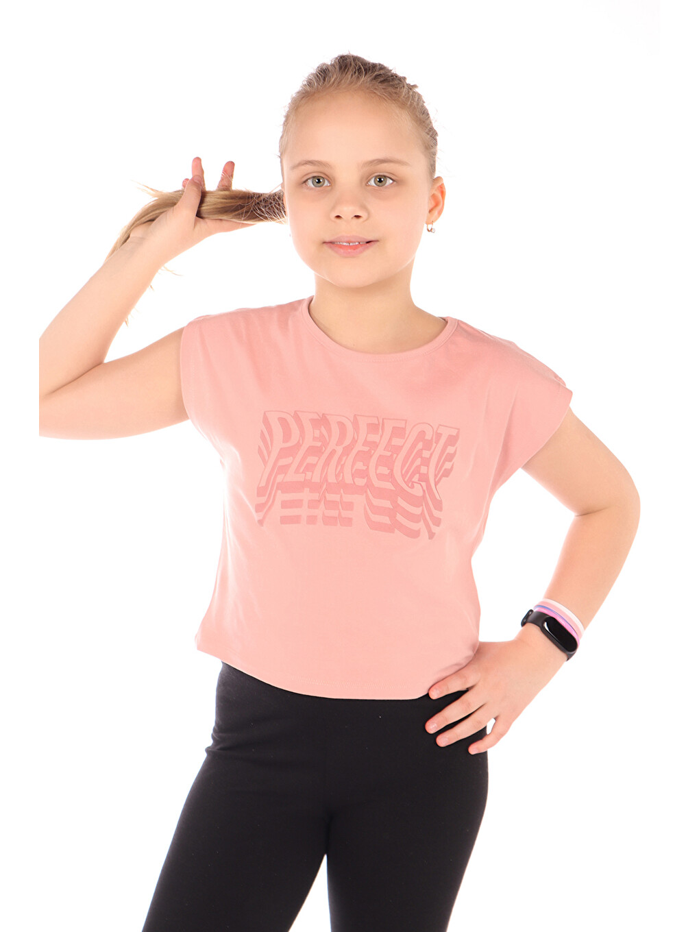 Pembe Kız Çocuk Baskılı Bisiklet Yaka Kısa Kollu Tişört  22429-1