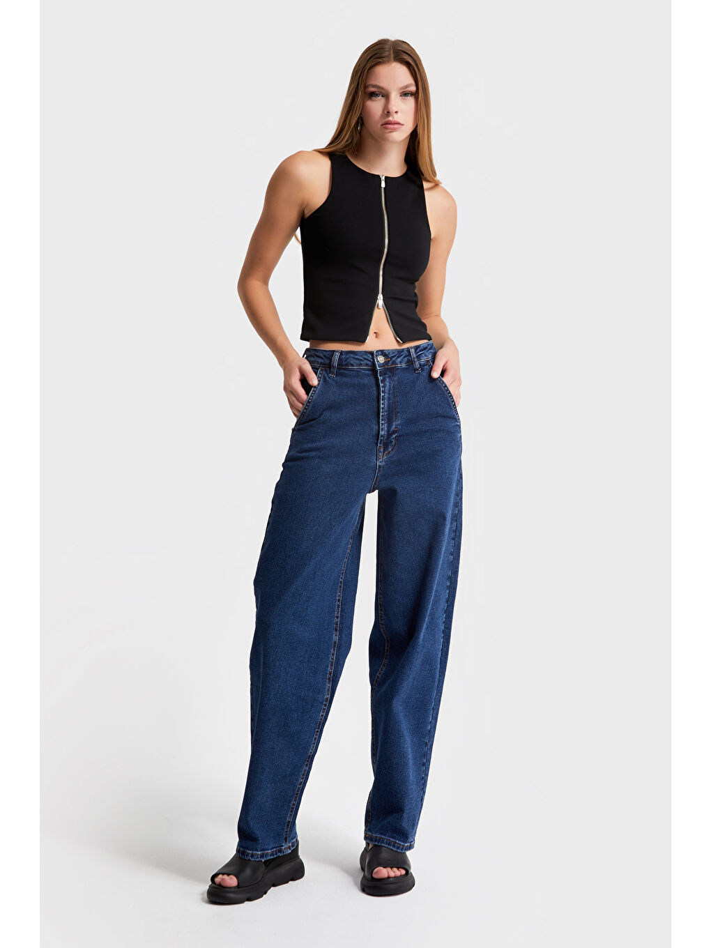 Kadın Koyu Mavi Renk 1W4 5 Skater Fit Elastanlı Kumaş Bol Kesim Denim Jean-1