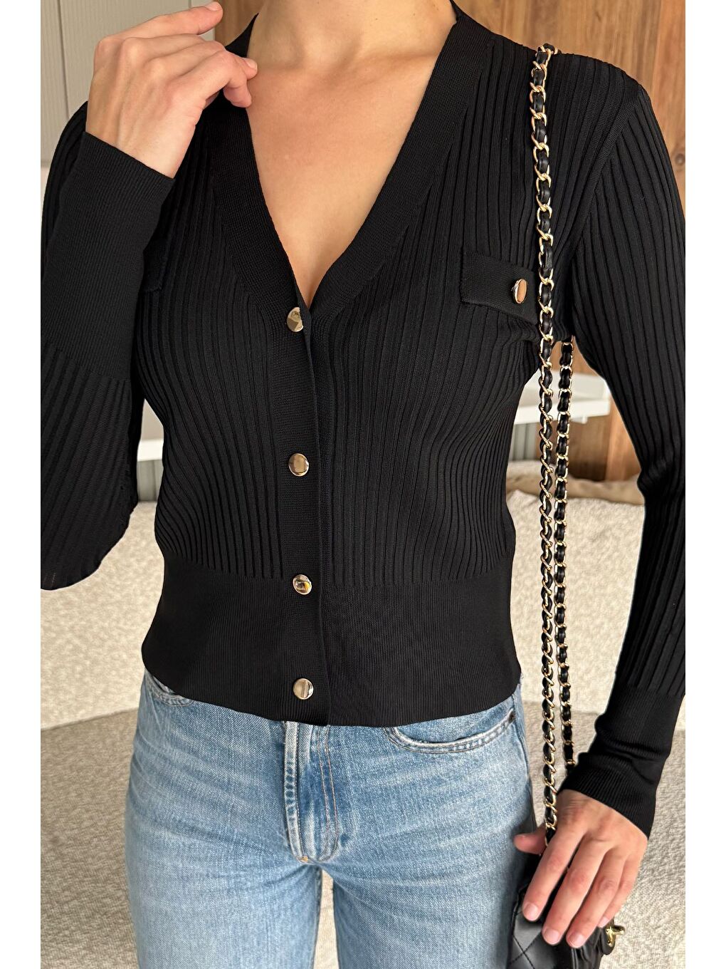 Siyah Kadın Kendinden Çizgi Desenli Gold Düğme Detaylı Triko Hırka (s-m-l Beden Uyumludur.)-1