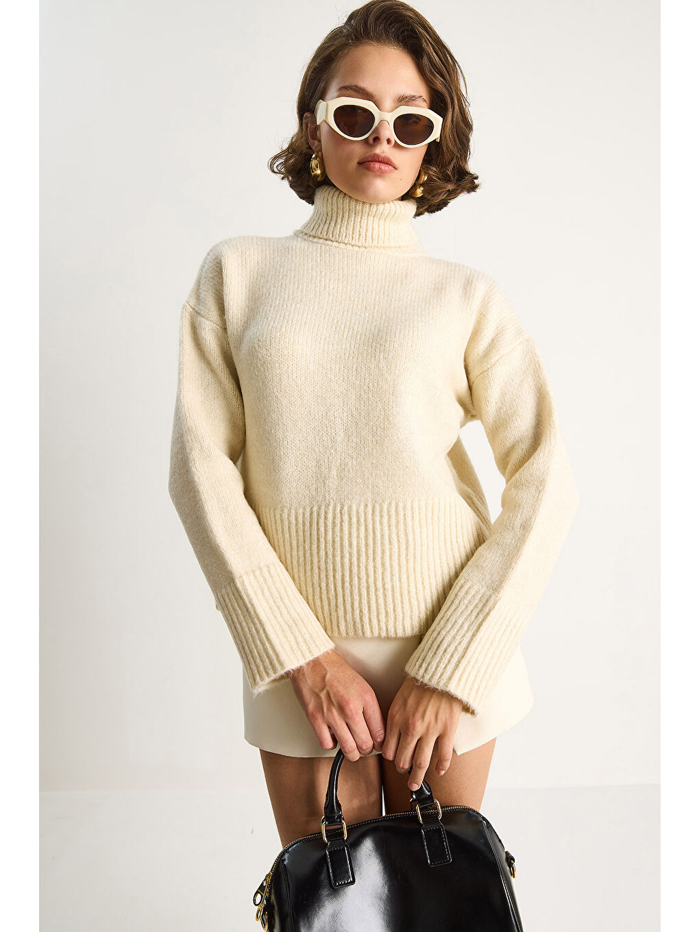 Ekru Kadın Balıkçı Yaka Kazak-1