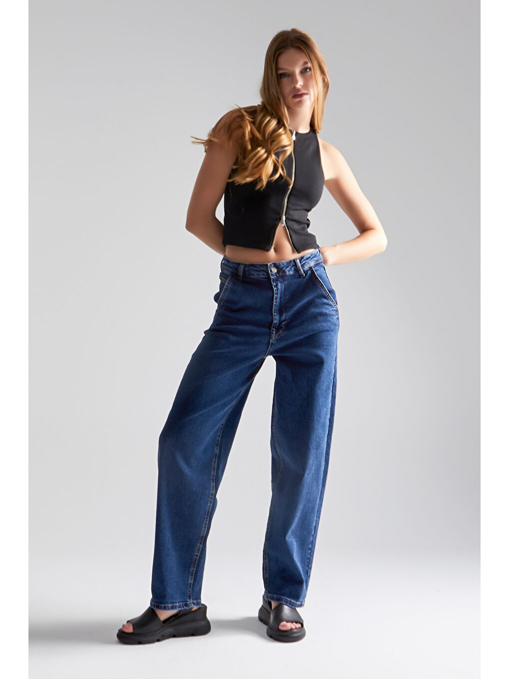 Kadın Koyu Mavi Renk 1W4 5 Skater Fit Elastanlı Kumaş Bol Kesim Denim Jean-2